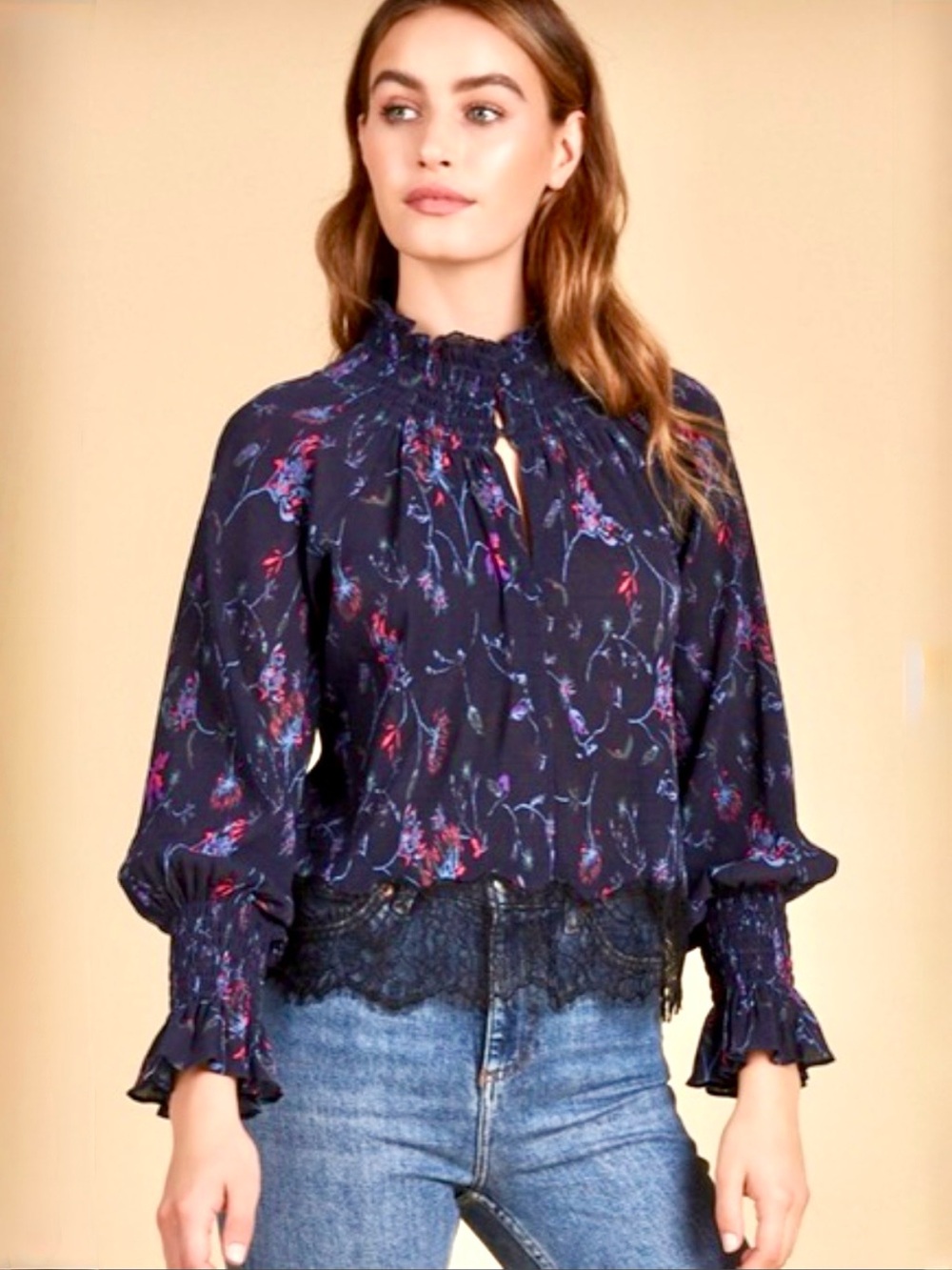 TANYA TAYLOR, Nyssa Lace Hem Blouse in Dark Navy, Size 10
